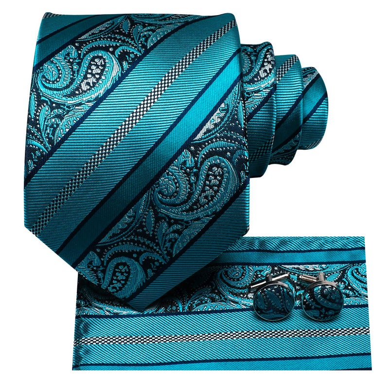Hi-Tie Men 63inches Tie Set Extra Long Necktie Paisley Tie Pocket Suqare Cufflinks Big and Tall Men Tie,Teal - Image 2